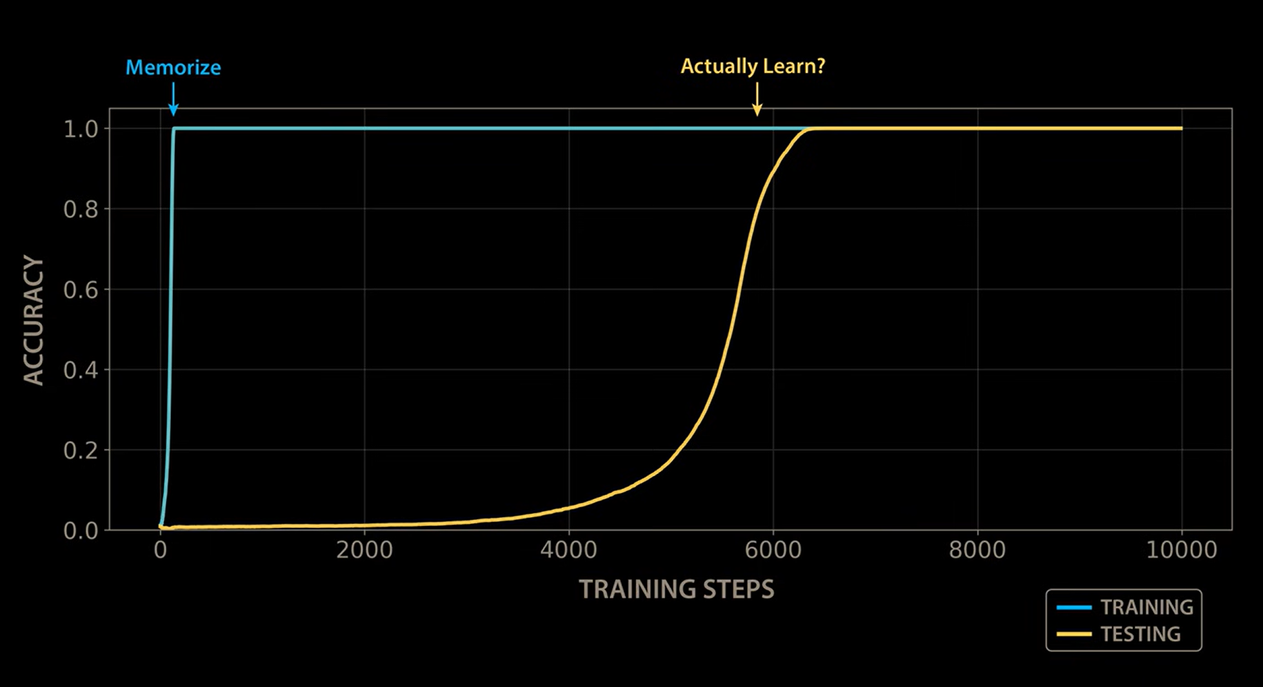 Annotated grokking curve labeling the first phase 'Memorize' and the second phase 'Actually Learn?' at the point of sudden test accuracy breakthrough